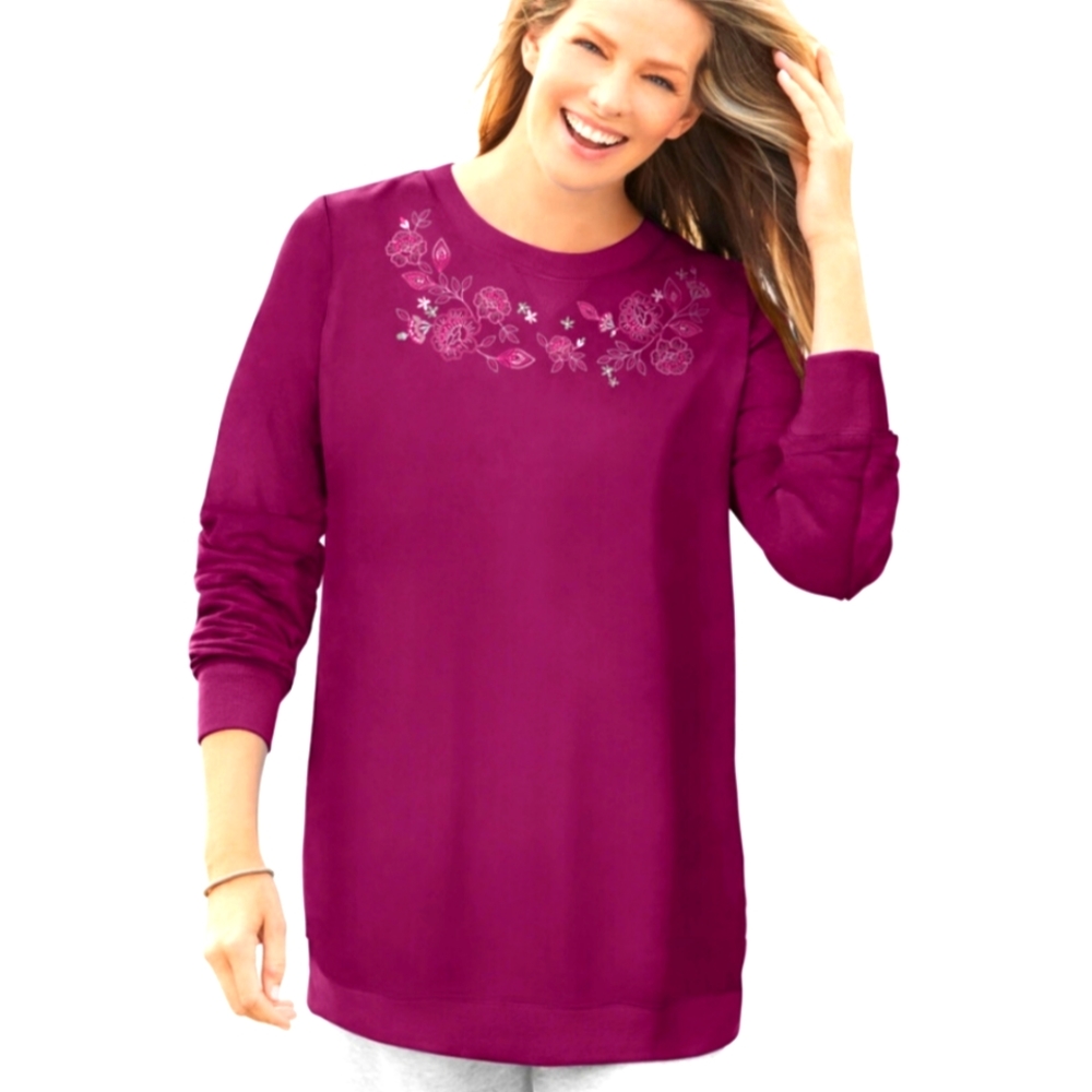 Woman Within Deep Claret Floral Embroidery Fleece Sweatshirt Size Large (18/20)